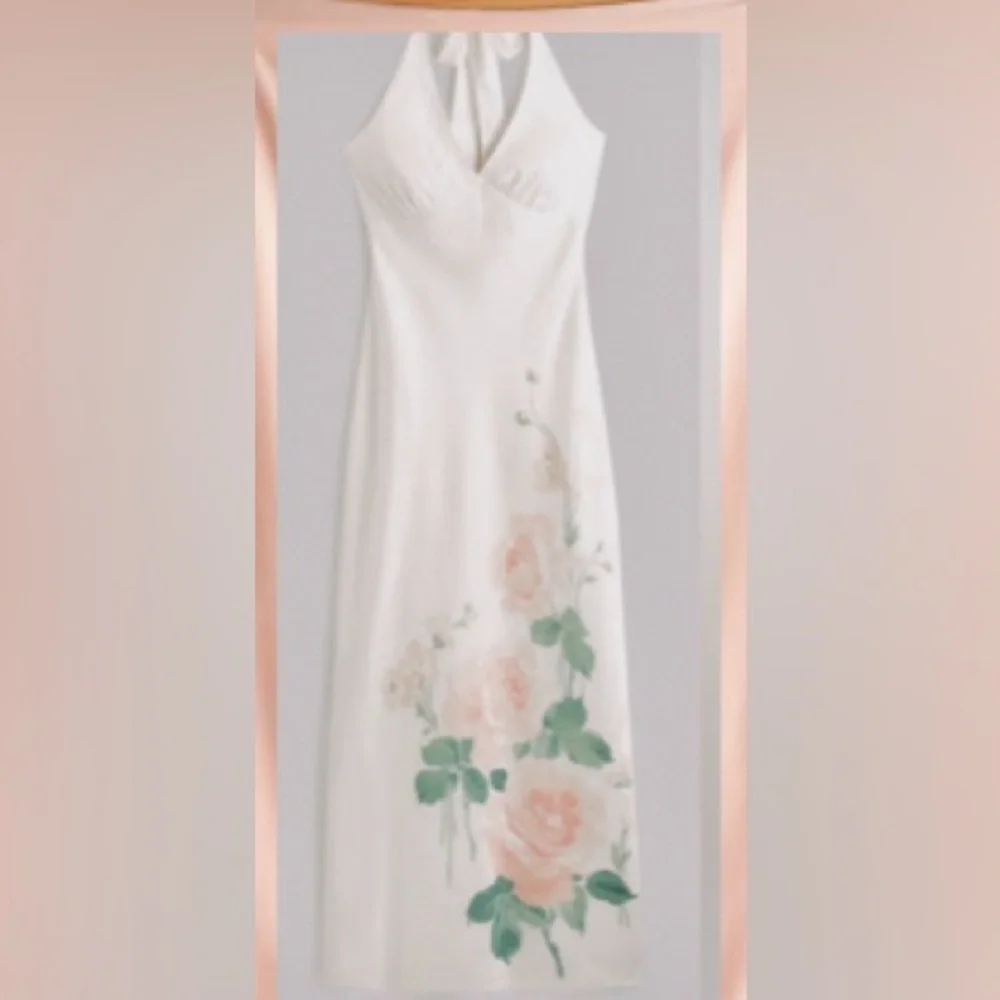 A&F Julia Slip Halter Maxi Dress: White Satin w/ Pale Pink Flowers/Size Petite L